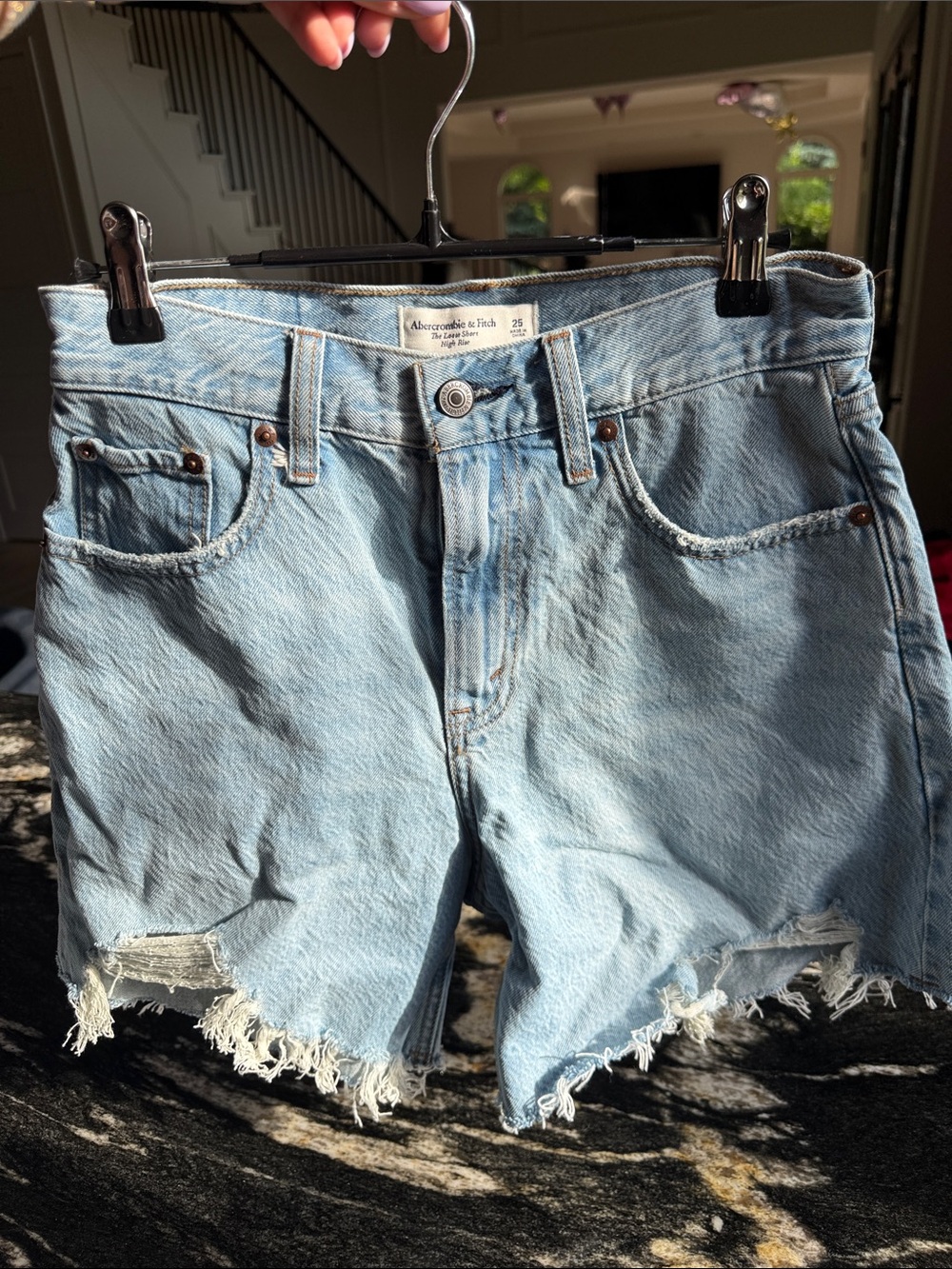 Abercrombie & Fitch Light Wash Distressed Denim Shorts